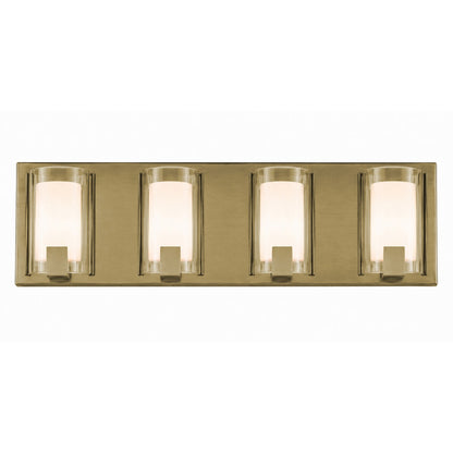 AFX Mesa 28in 4-Light LED Vanity Light | Transitional Light Antique Brass and Clear Glass | Bathroom & Powder Room | Model MSAV2807LAJUDLB