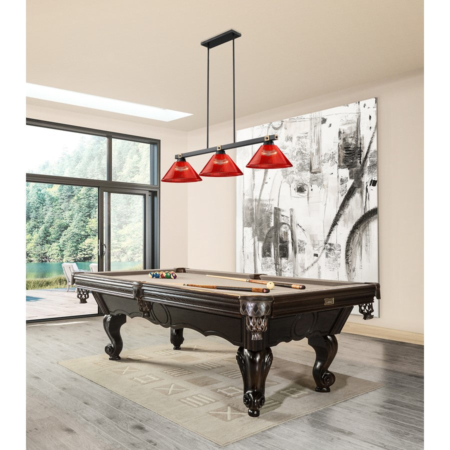 Z-Lite Bronte 3 Light Billiard, Matte Black/Rubbed Brass/Red