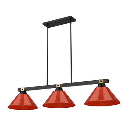 Z-Lite Bronte 3 Light Billiard, Matte Black/Rubbed Brass/Red