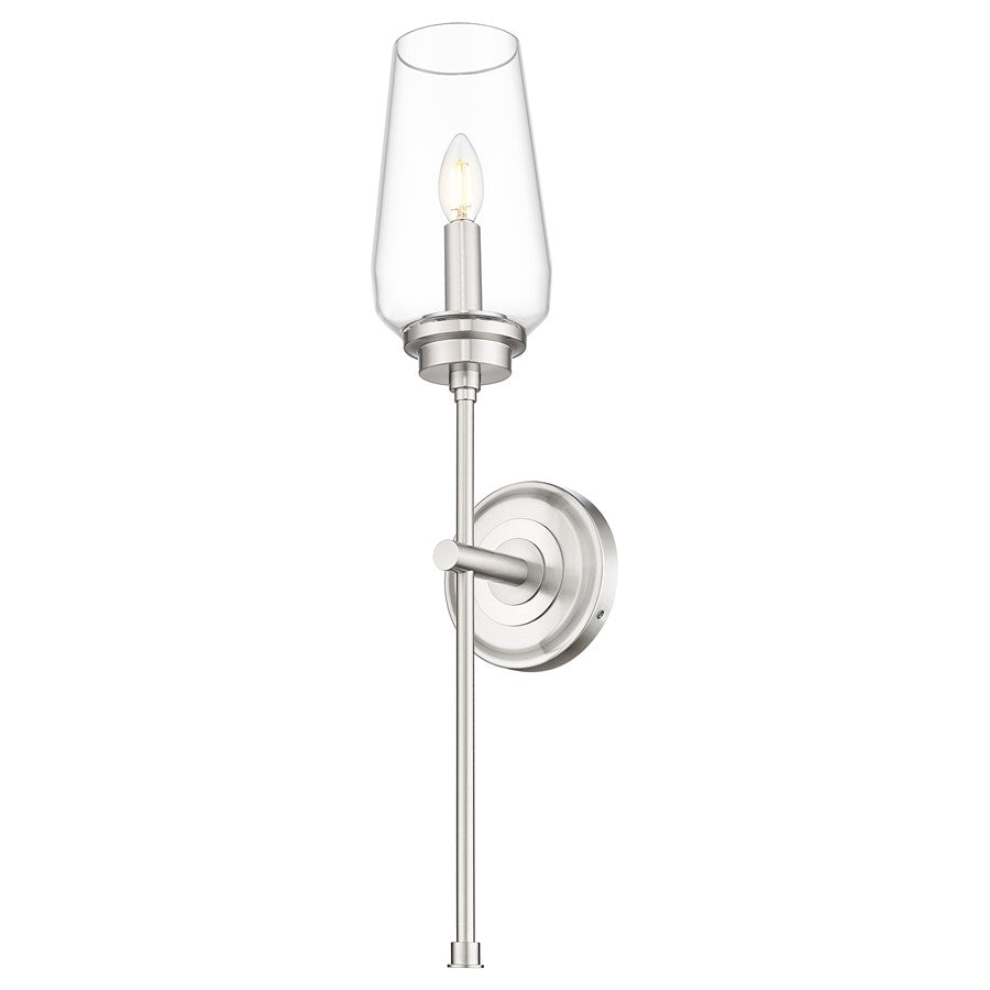 Z-Lite Clara 1 Light Wall Sconce, Brushed Nickel/Clear