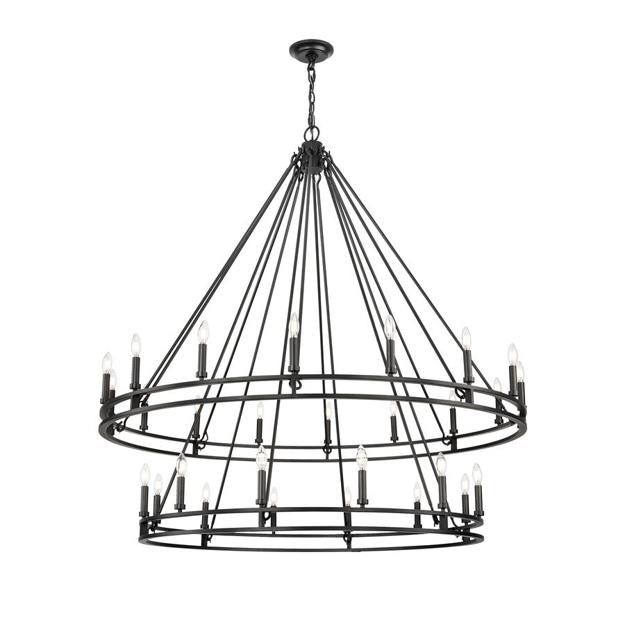 Z-Lite Dennison 60in 28-Light Chandelier | Transitional Matte Black Steel and Matte Black Steel | Grand Staircase & Foyer | Model 4005-28MB