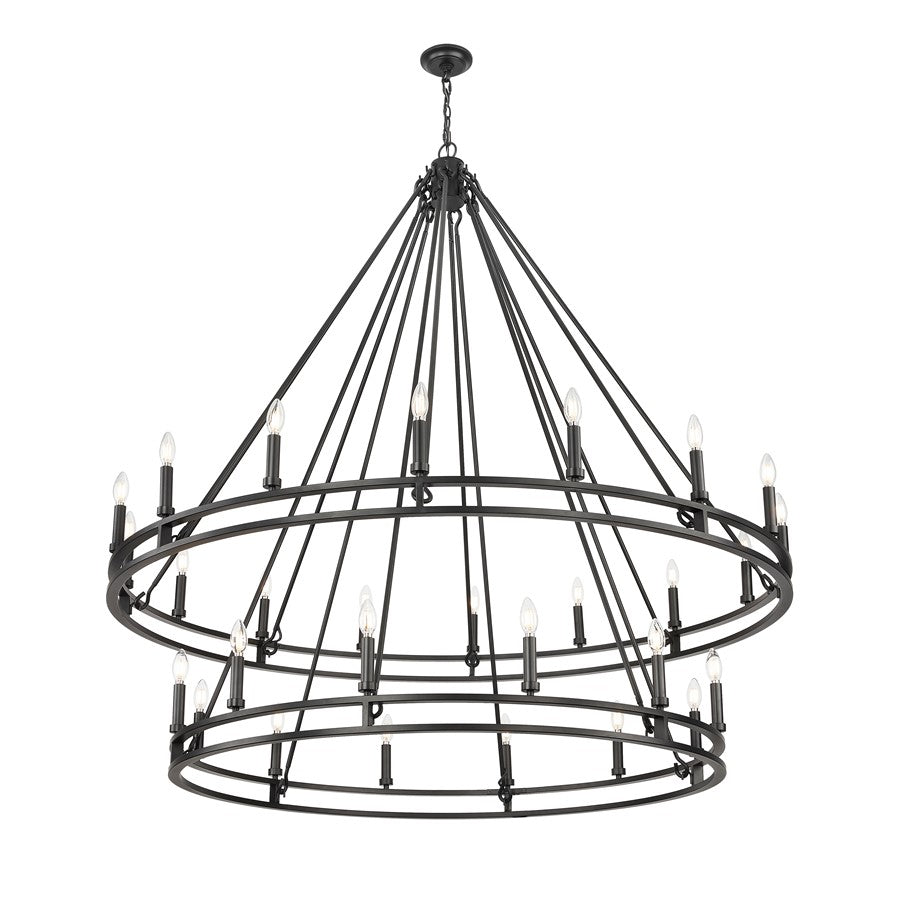 Z-Lite Dennison 60in 28-Light Chandelier | Transitional Matte Black Steel and Matte Black Steel | Grand Staircase & Foyer | Model 4005-28MB