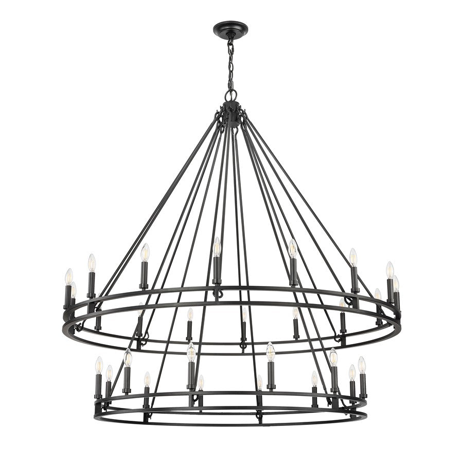Z-Lite Dennison 60in 28-Light Chandelier | Transitional Matte Black Steel and Matte Black Steel | Grand Staircase & Foyer | Model 4005-28MB