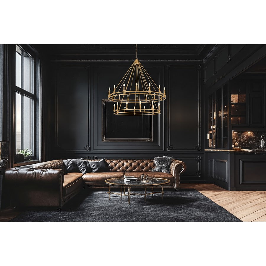 Z-Lite Dennison 60in 28-Light Chandelier | Transitional Signature Brass Steel | Great Room & Oversized Foyer | 60 x 60 x 61 in | Model 4005-28SBR