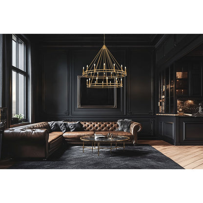 Z-Lite Dennison 60in 28-Light Chandelier | Transitional Signature Brass Steel | Great Room & Oversized Foyer | 60 x 60 x 61 in | Model 4005-28SBR