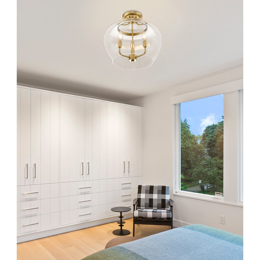 Z-Lite Joliet 3 Light Semi Flush Mount, Burnished Brass/Clear