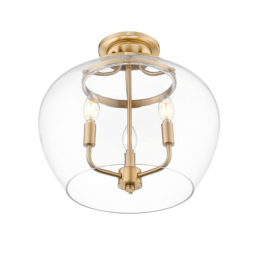 Z-Lite Joliet 3 Light Semi Flush Mount, Burnished Brass/Clear