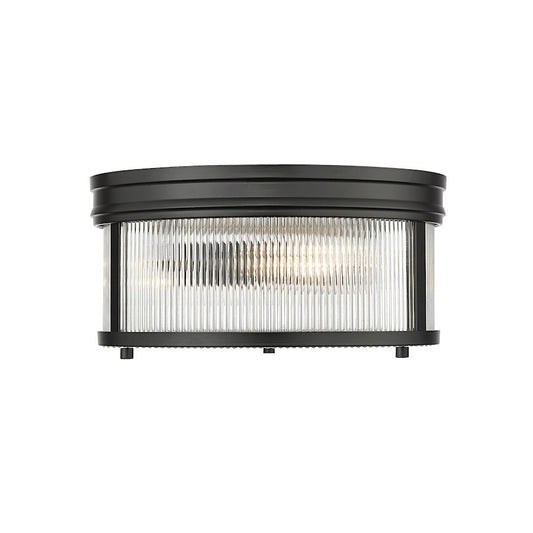Z-Lite Carnaby 2 Light 13" Flush Mount, Matte Black/Clear Ribbed - 7504FR13-MB