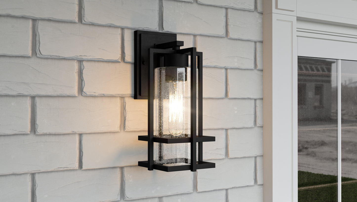 Quoizel Damien 1 Light Outdoor Lantern, Earth Black/Clear Seeded