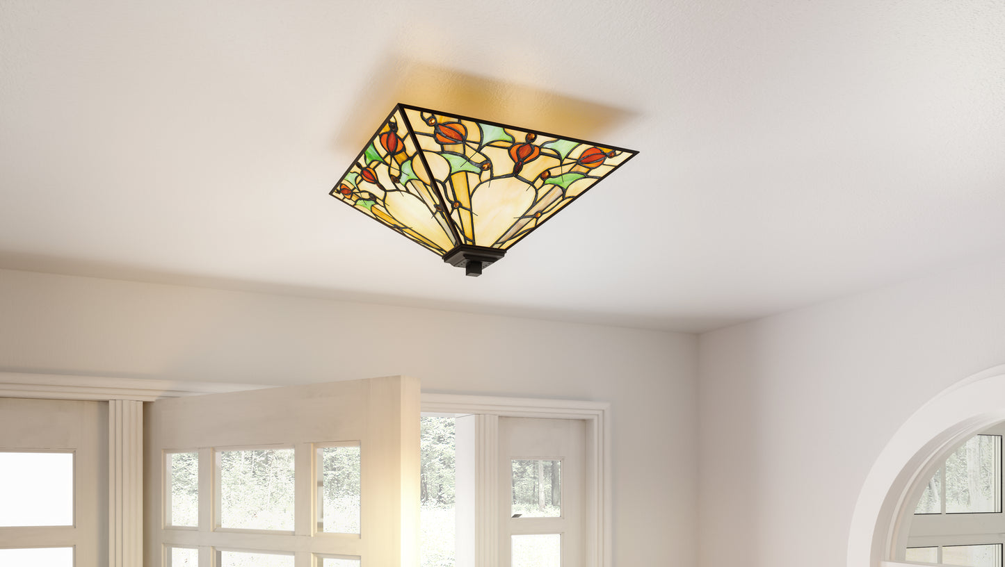 Quoizel Westwind 2 Light Flush Mount, Black/Multicolor Art Glass