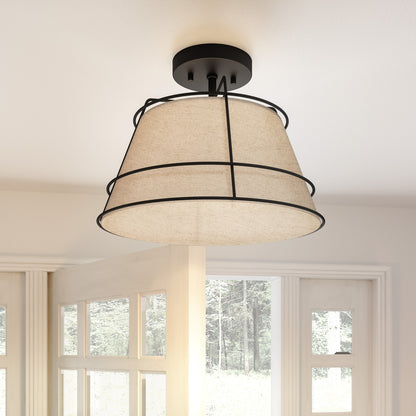 Quoizel Burbidge 1 Light Semi-Flush Mount, Matte Black/Cream Linen