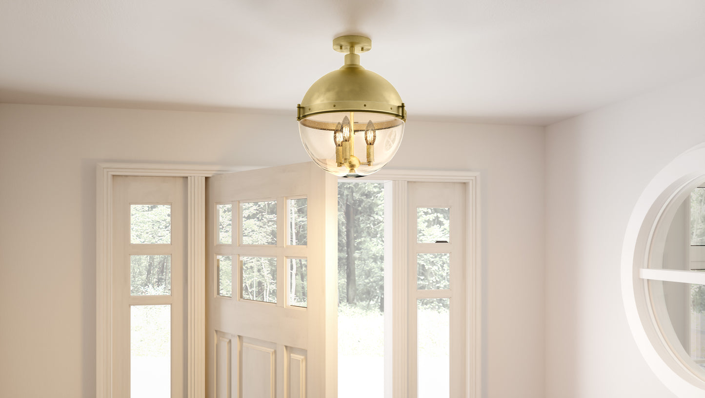 Quoizel Perrine 3 Light Semi-Flush Mount, Weathered Brass/Seeded