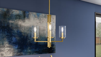 Quoizel Sunburst 3 Light Chandelier, Weathered Brass/Clear Seeded