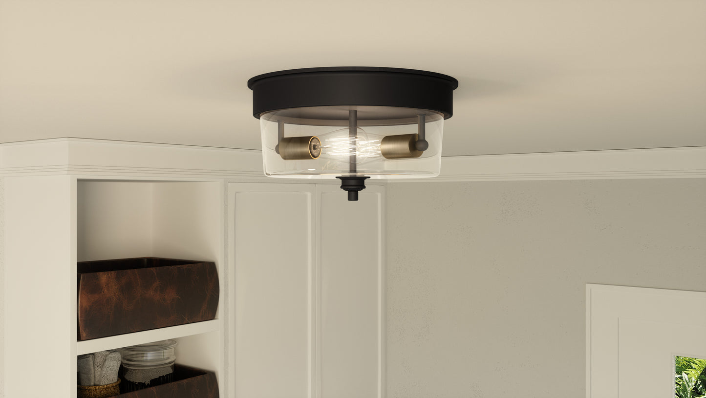 Quoizel Cox 2 Light Flush Mount, Matte Black/Clear