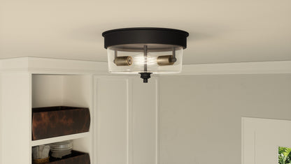 Quoizel Cox 2 Light Flush Mount, Matte Black/Clear