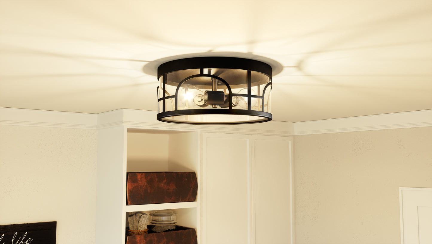 Quoizel Brampton 3 Light Flush Mount, Matte Black/Clear