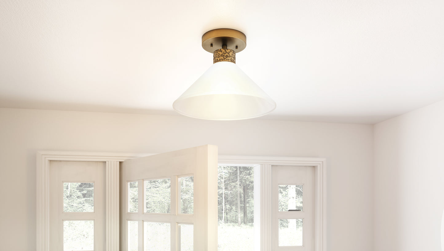 Quoizel Ira 1 Light Semi-Flush Mount, Weathered Brass/Opal