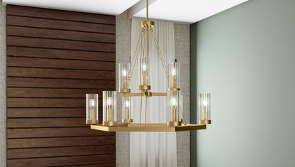 Quoizel Valens 9 Light Chandelier, Aged Brass/Clear Reeded