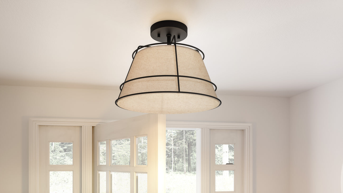 Quoizel Burbidge 1 Light Semi-Flush Mount, Matte Black/Cream Linen