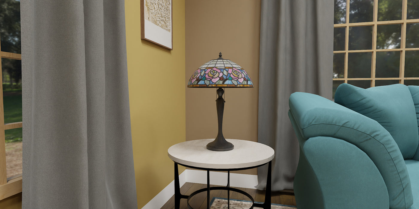 Quoizel Betty 2 Light Table Lamp, Matte Black/Multicolor Art Glass