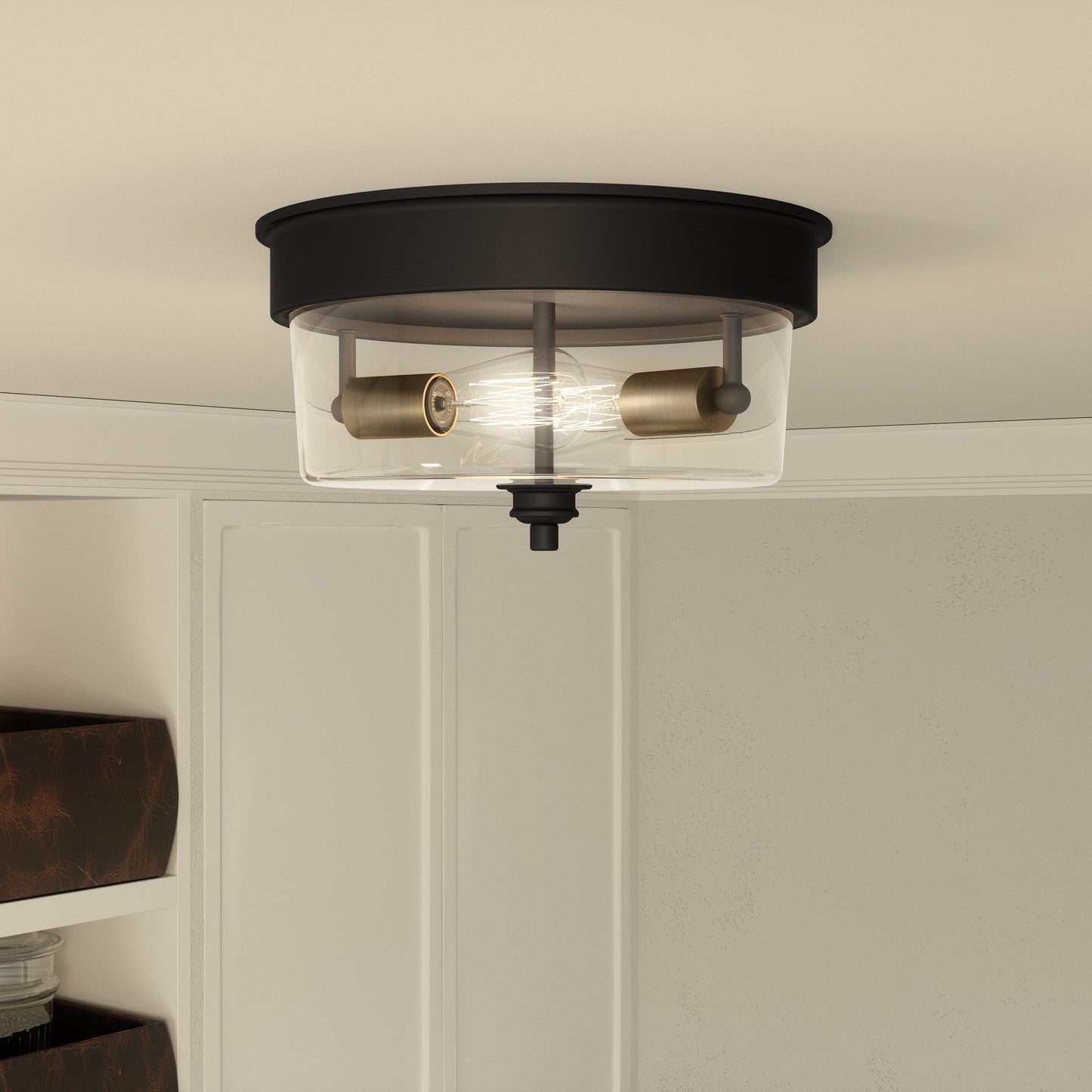 Quoizel Cox 2 Light Flush Mount, Matte Black/Clear