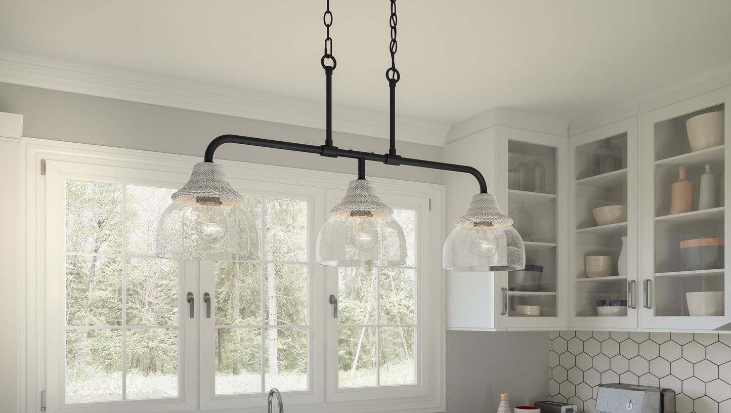 Quoizel Otten 3 Light Island Light, Matte Black/Clear Seedy