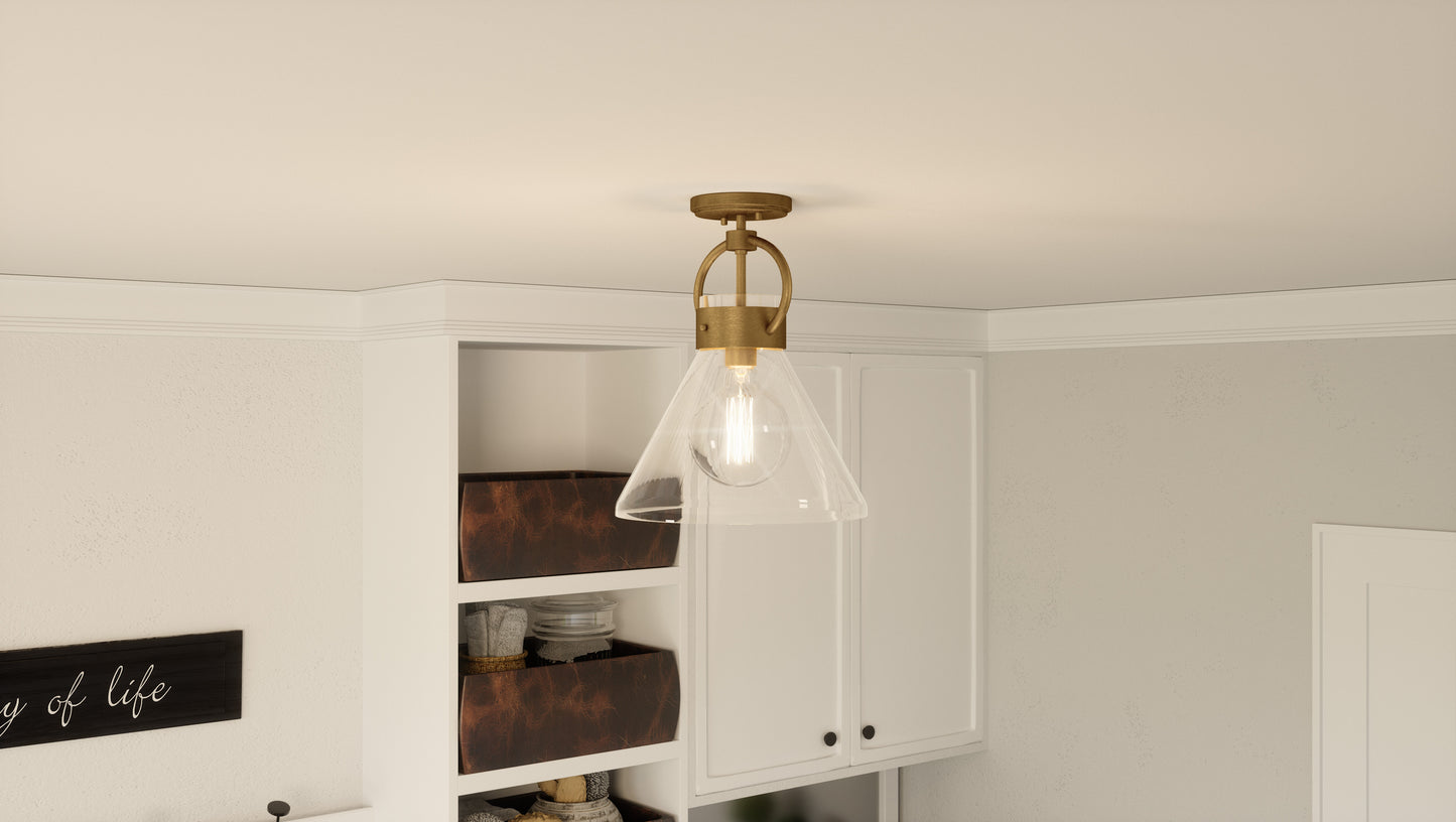 Quoizel Webster 1 Light Semi-Flush Mount, Weathered Brass/Clear