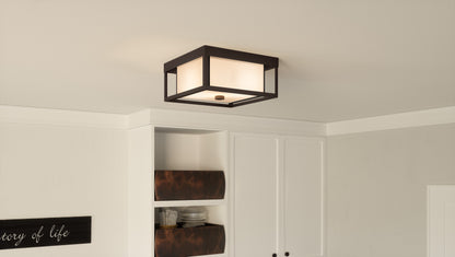 Quoizel Powell 3 Light Flush Mount, Bronze/White Art