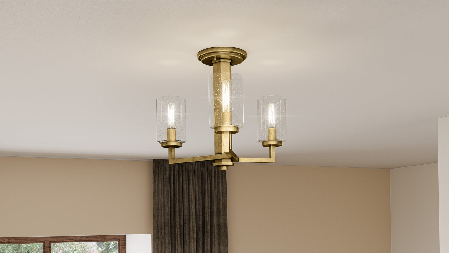 Quoizel Sunburst 3 Light Semi-Flush Mount, Weathered Brass/Seeded