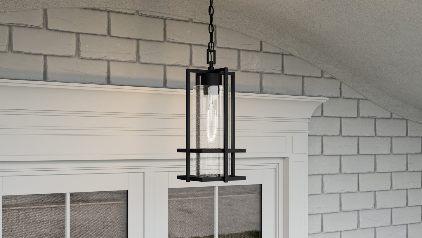 Quoizel Damien 1 Light Outdoor Lantern, Earth Black/Clear Seeded