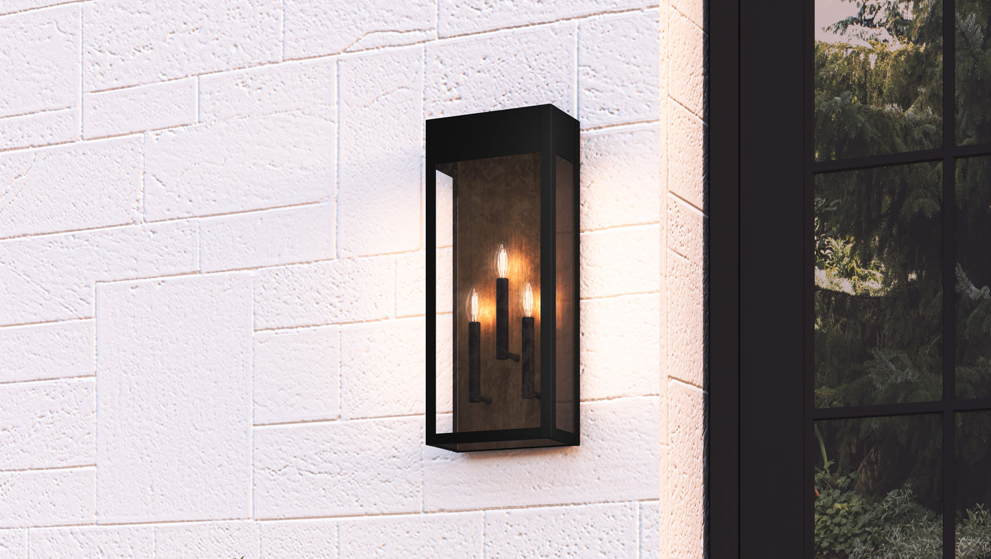 Quoizel Maren 3 Light Outdoor Lantern, Black/Clear Panel Side