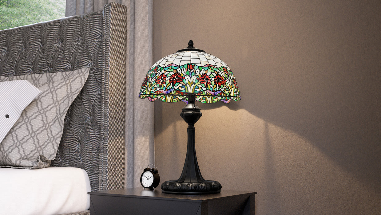Quoizel Tiffany 3 Light Table Lamp, Matte Black/Multicolor Art