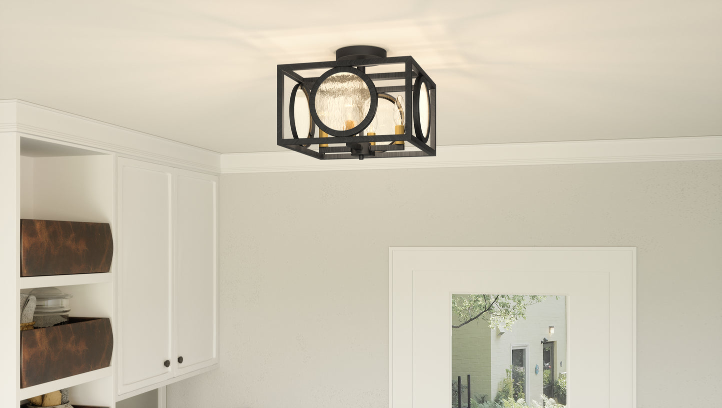 Quoizel Chalamont 4 Light Semi-Flush Mount, Black/Clear Texture