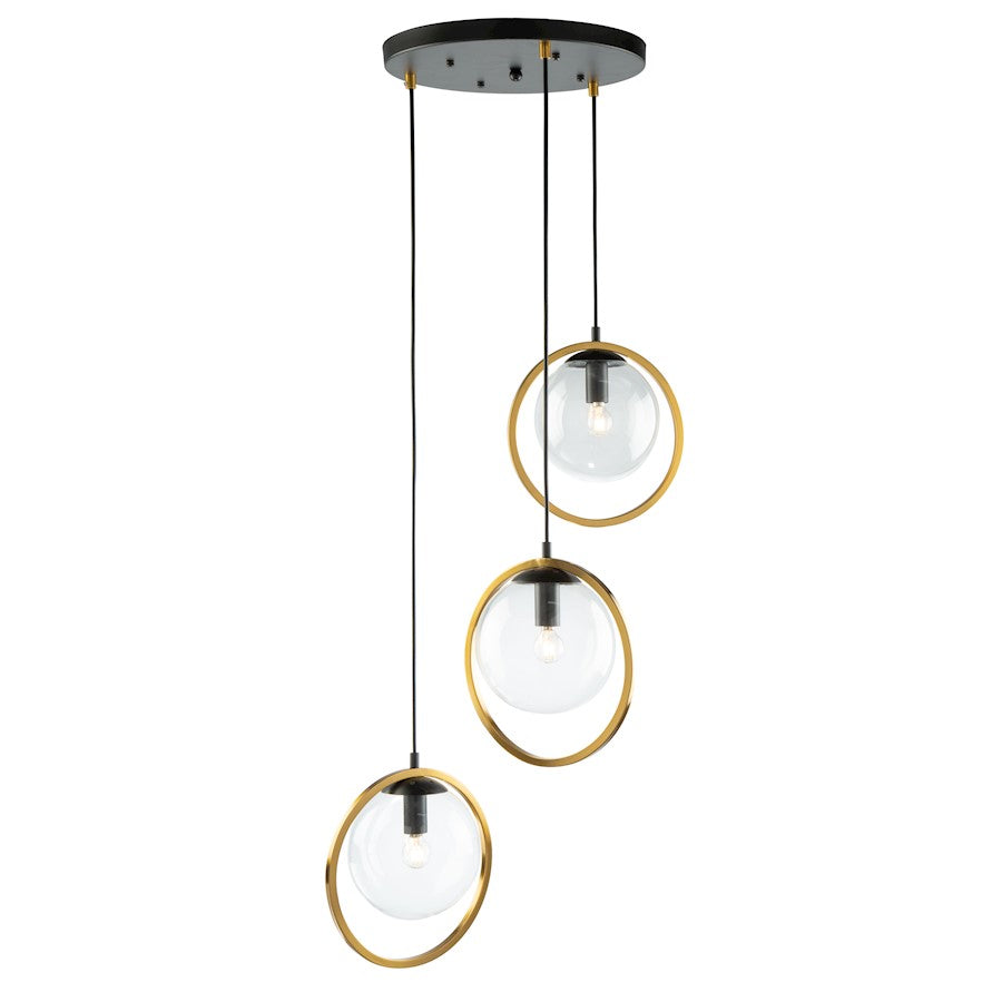 Artcraft Lugano 3 Light Pendant, Black/Vintage Brass - AC10893VB