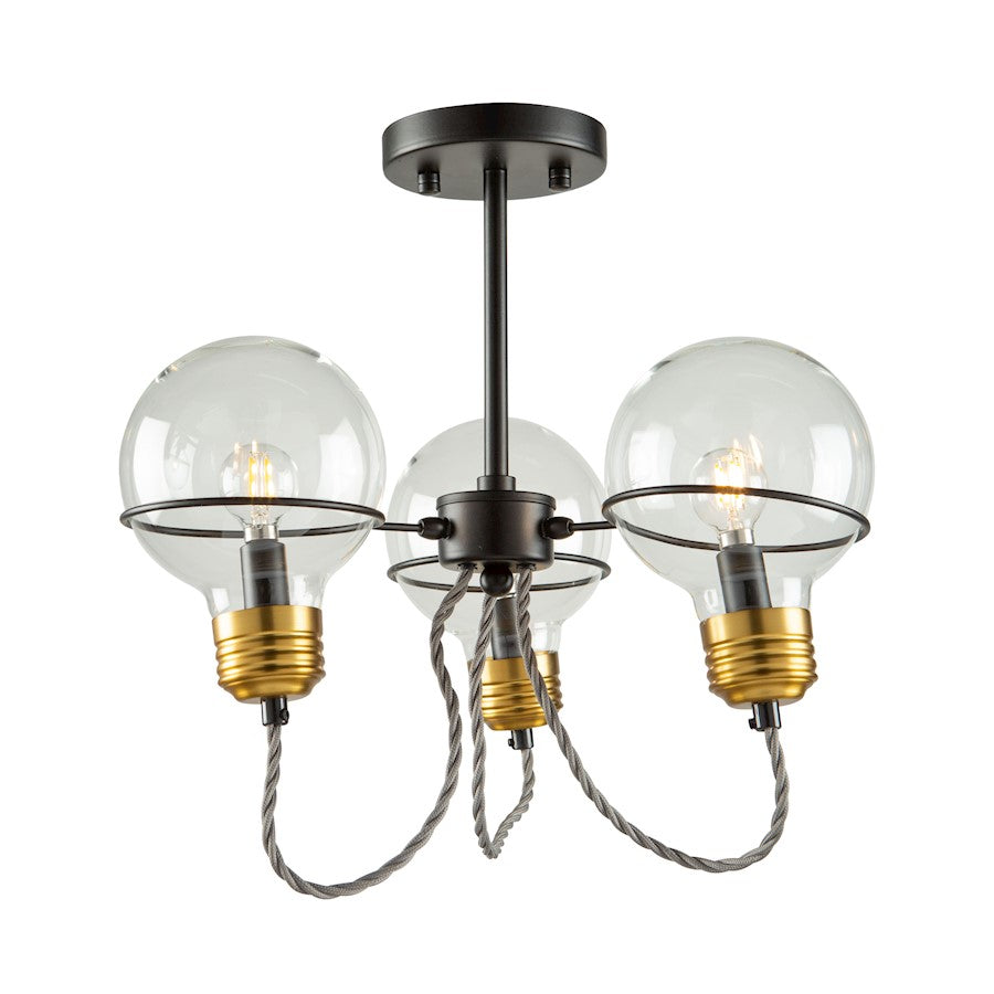 Artcraft Martina 3 Light Semi-Flush Mount, Black/Brushed Brass/Clear - AC11723BK