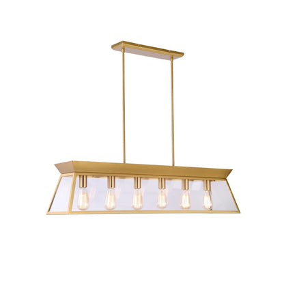 Artcraft Lucian 6 Lt Linear Island Chandelier, Brushed Brass/Clear