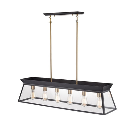 Artcraft Lucian 6 Light Linear Island Chandelier, Black/Brass/Clear