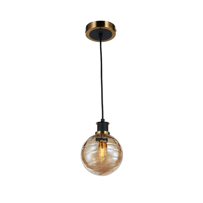 Artcraft Gem 1 Light Pendant, Black/Brushed Brass/Amber