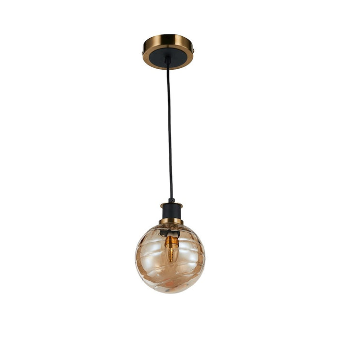 Artcraft Gem 1 Light Pendant, Black/Brushed Brass/Amber