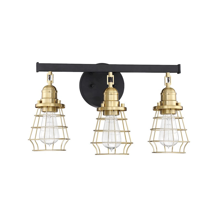 Craftmade Thatcher 3 Light Vanity, Flat Black/Satin Brass Cages - 50603-FBSB