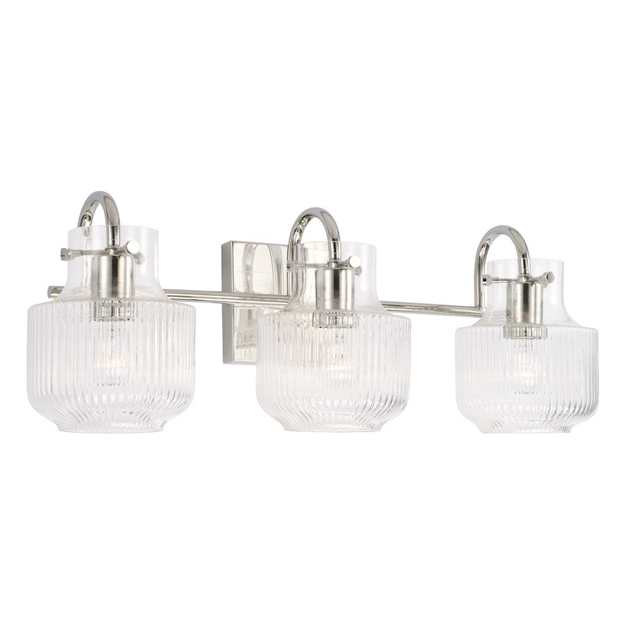 Capital Lighting Nyla 3 Light Vanity, Polished Nickel/Clear Fluted - 145131PN