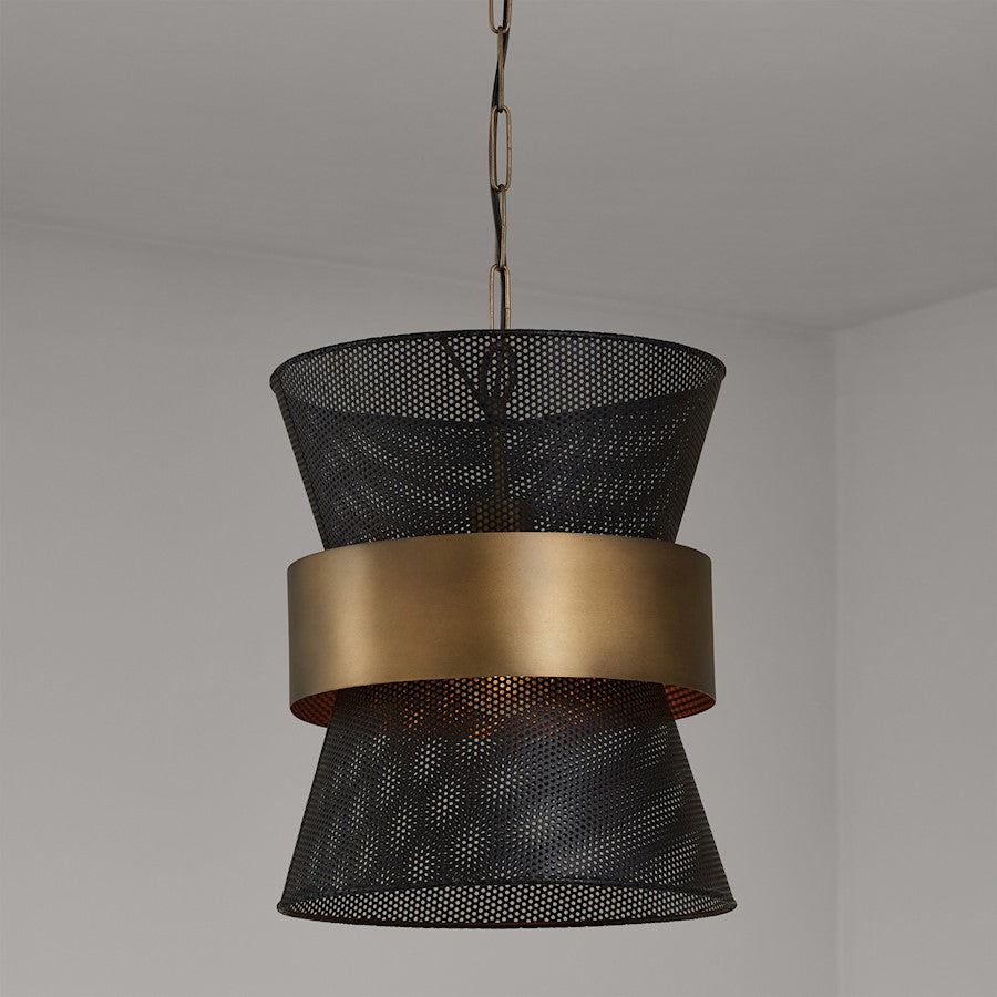 1 Light Pendant, Patinaed Brass and Black