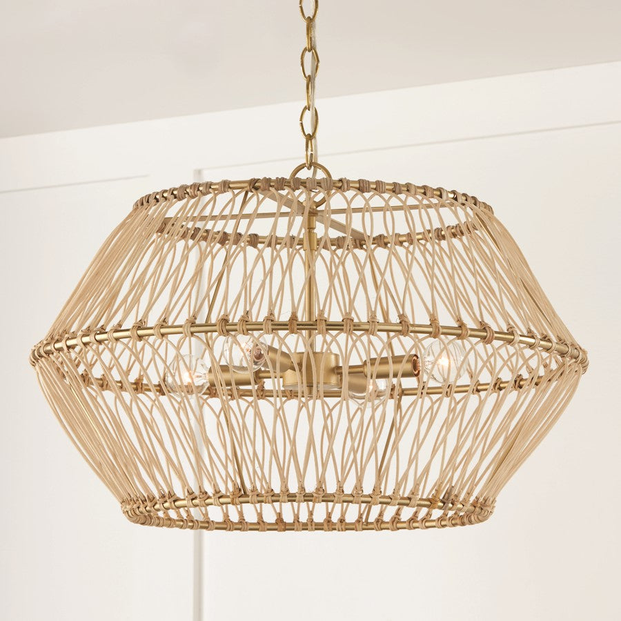 4 Light Pendant, Brass/Natural