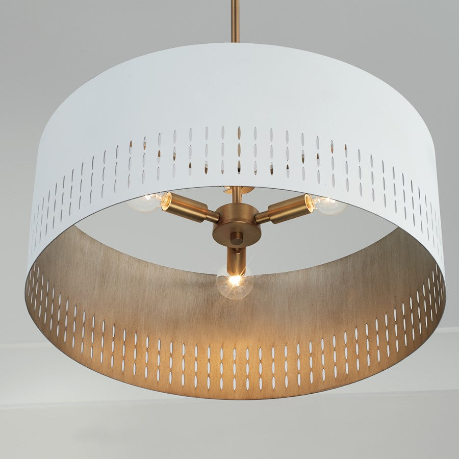 3 Light Pendant, Aged Brass/White