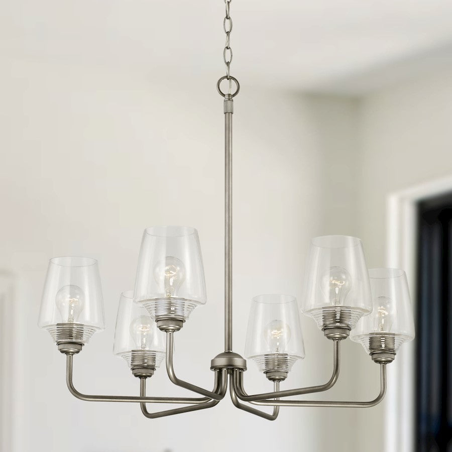 6 Light Chandelier, Clear Ribbed