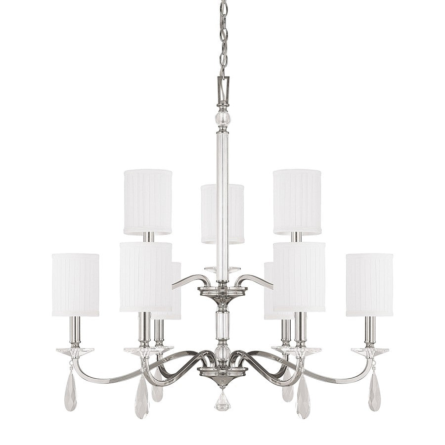 9 Light Crystal Chandelier, Polished Nickel