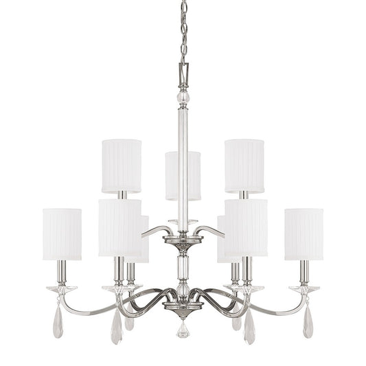 9 Light Crystal Chandelier, Polished Nickel