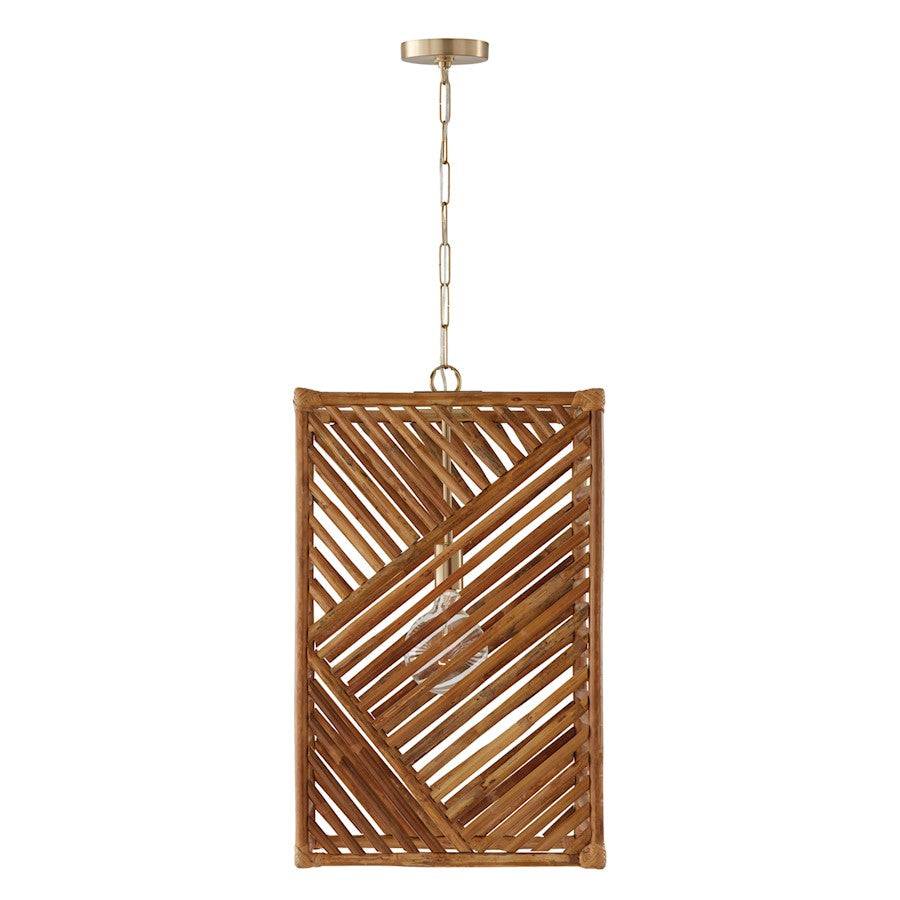 1 Light Foyer Pendant, Brass/Natural