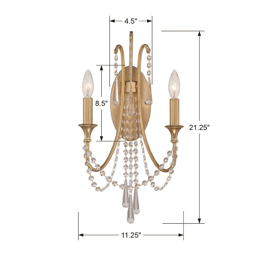 Arcadia 2 Light Wall Mount, Antique Gold