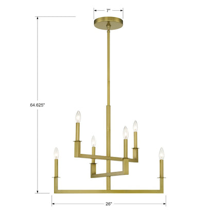 6 Light Chandelier, Aged Brass